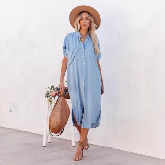 Summer Solid Color Washed Denim Polo Collar Short Sleeve Split A-Line Shirt Dress