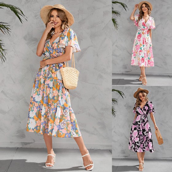 Print V-Neck Waist Tie Flared Midi Short Sleeve Dress