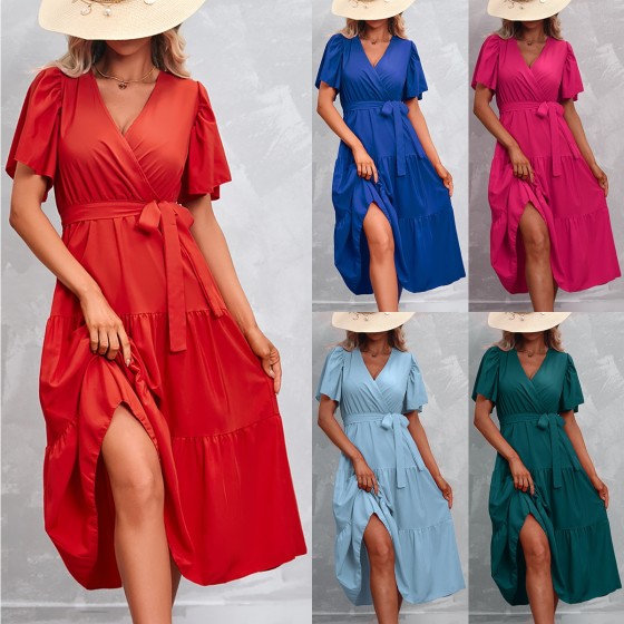 Hot Selling Solid Color V-Neck Tie Waist Flared Midi Short Sleeve Dress