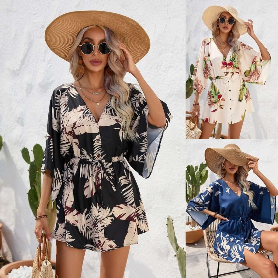 Summer Leaf Print V-Neck Tie 1/2 Sleeve A-Line Mini Dress