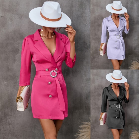 Solid Color V-Neck Three Quarter Sleeve Three Button Mid Waist Blazer Dress