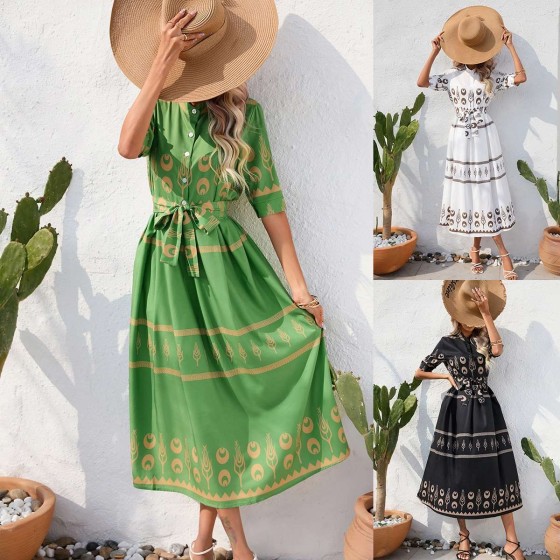 Ethnic Print Shirt Collar Tie 1/2 Sleeve Loose Midi Dress