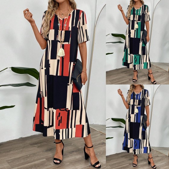 Print V-Neck Five Point Sleeve Loose Maxi A-Line Dress