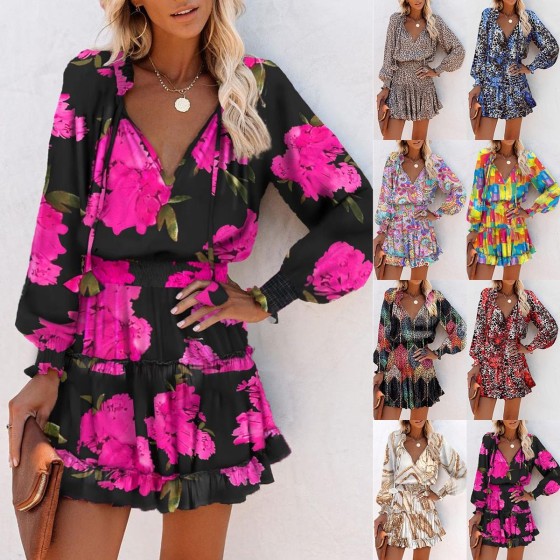 Spring Trendy Print V-Neck Waist Tie Long Sleeve A-Line Mini Dress