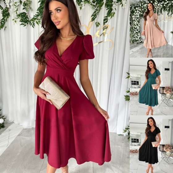Summer Sexy V-Neck Solid Color Short Sleeve A-Line Midi Dress