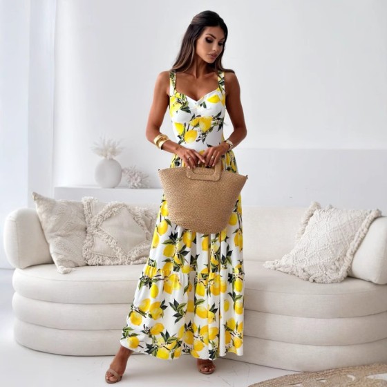 Summer Sweet Print Waist Tie Cami Maxi Dress with Large Hem