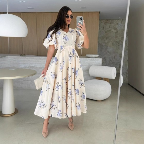 V-Neck Puff Sleeve Floral Tie Waist Maxi Flowy Dress