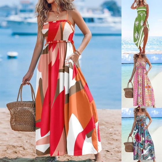 Fashion Print Spaghetti Strap Backless Bandeau High Waist Maxi Dress