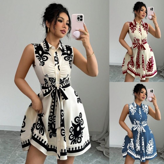 Summer Print Lapel Collar Waist Tie Sleeveless A-Line Mini Dress