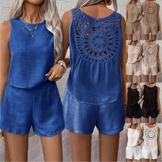 Summer Backless Sleeveless Vest + Short Pants Solid Color Casual 2 Piece Set
