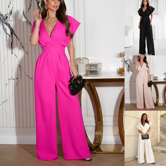 Elegant Commute V-Neck Waist Tie Solid Color Straight Leg Jumpsuit