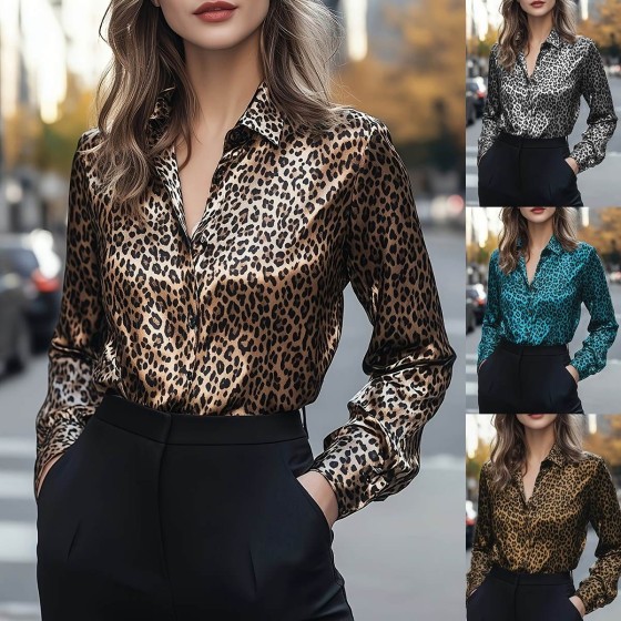 New Leopard Print Sexy Single Breasted POLO Collar Long Sleeve Slim Fit Shirt