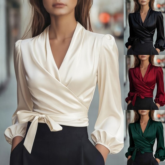 Fashion Elegant Satin V-Neck Long Sleeve Slim Fit Pullover Commute Shirt