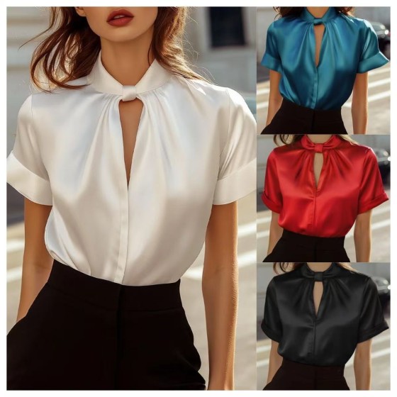 Summer Solid Satin Short Sleeve One Button Crew Neck Commute Shirt