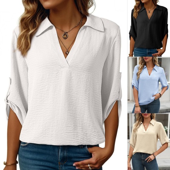 Solid Color V-Neck Three Quarter Sleeve Loose Pullover Shirt