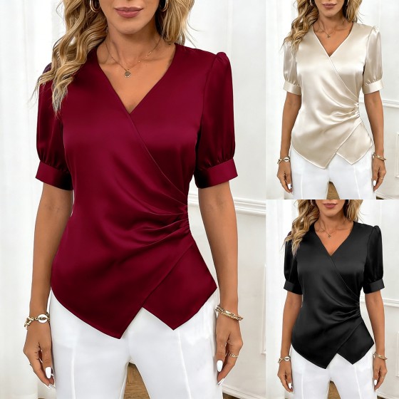 Solid Color V-Neck Short Sleeve Slim Fit Pullover Shirt