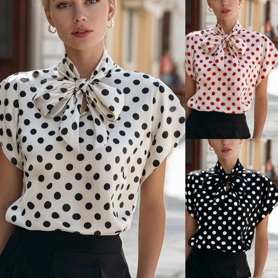 Summer Polka Dot Short Sleeve Tie Collarless Pullover Shirt
