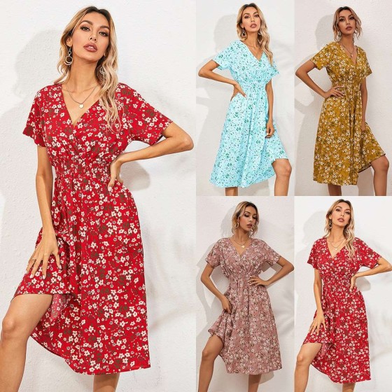 Summer V-Neck Small Floral Printed Loose Short Sleeve Dress