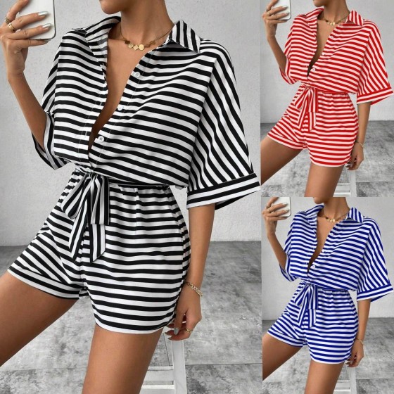 Spring Stripe Lapel Button 1/2 Sleeve Straight Leg Short Jumpsuit