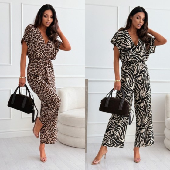 Summer V-Neck Leopard/Zebra Print Waist Tie Straight Leg Jumpsuit