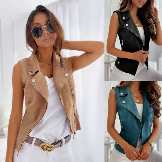 Solid Color Sleeveless Faux Suede Zip Half Placket Slim Fit Vest Casual Jacket