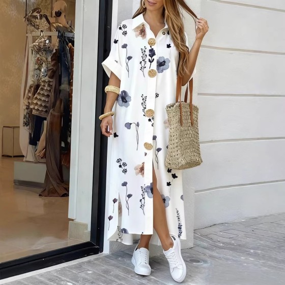 Fashion Floral Print POLO Collar Short Sleeve Single Breasted A-Line Midi Shirt Dress