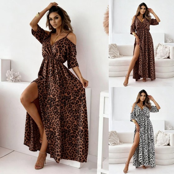 Leopard Print Sexy V-Neck Spaghetti Strap Raglan Five Point Sleeve Midi Dress