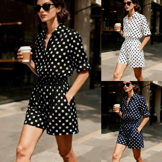 New Polka Dot Five Point Sleeve Shirt Shorts Casual Two Piece Set