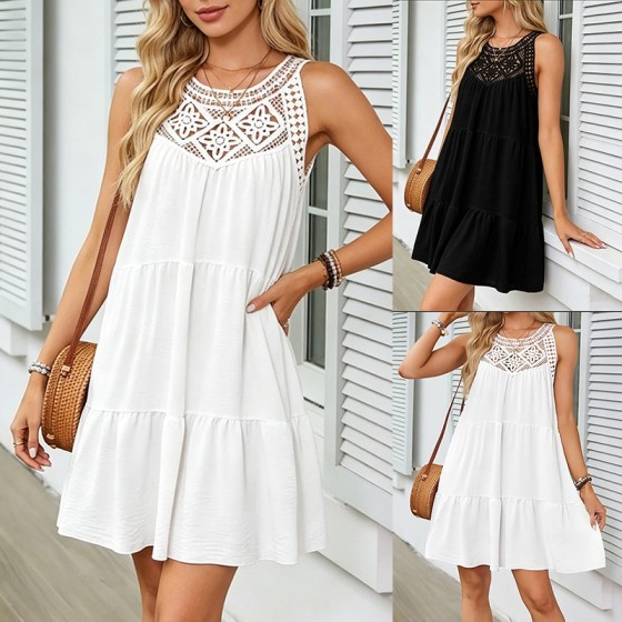 New Solid Color Round Neck Lace Splicing Sleeveless A-Line Mini Dress
