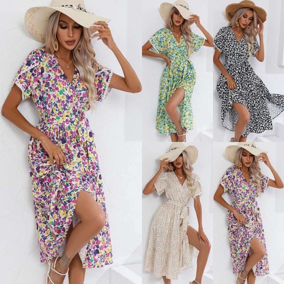 Summer Small Floral Split V-Neck High Waist Irregular Midi Dress