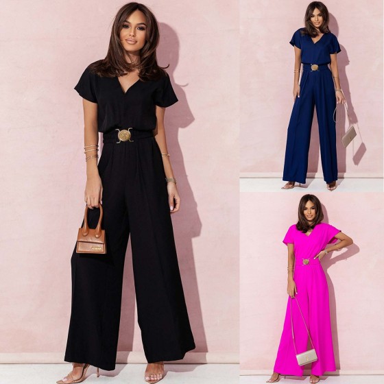 Solid Color V-Neck Waist Tie 3/4 Sleeve High Waist Straight Leg Jumpsuit