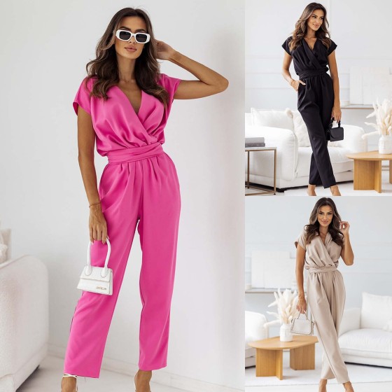 Summer Solid Color V-Neck Tie 3/4 Sleeve Elastic Waist Straight Leg Cropped Jumpsuit