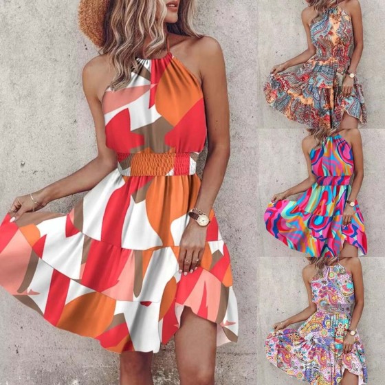 Summer Sexy Halter Backless Print Waist Tie Sleeveless A-Line Midi Dress