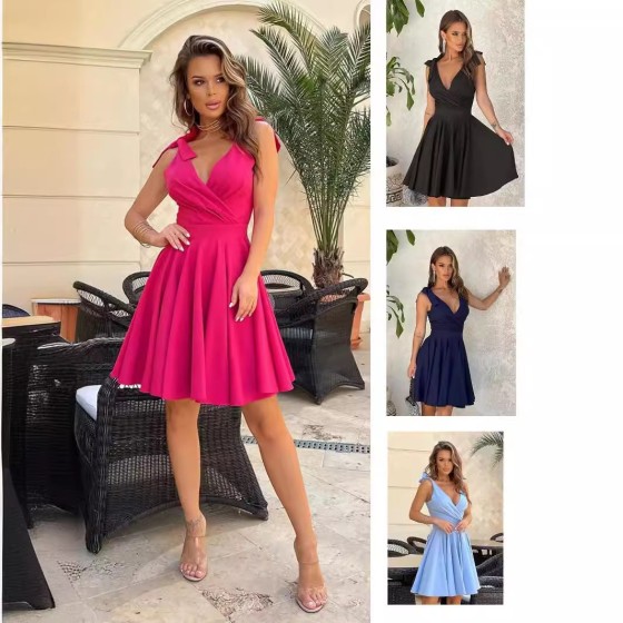 Summer Solid Color V-Neck High Waist Patchwork Sleeveless A-Line Midi Dress