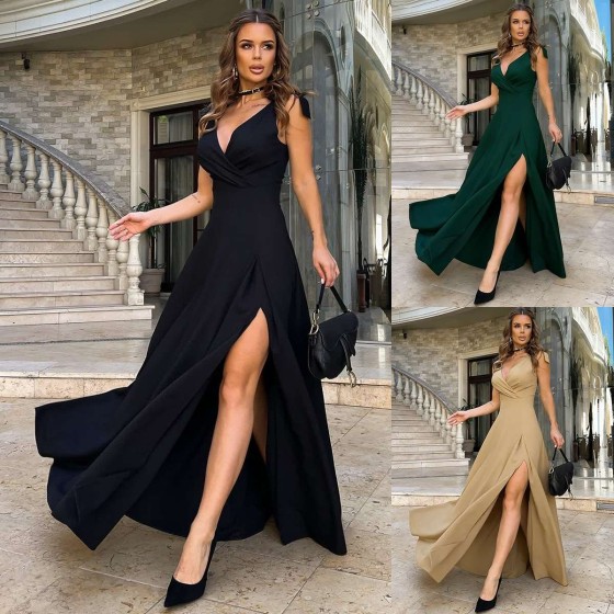 Summer Solid Color Deep V-Neck Sleeveless Split Maxi Evening Dress