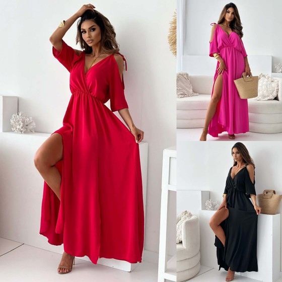 Sexy V-Neck Cami 1/2 Sleeve Elastic Waist Solid Color Midi Dress