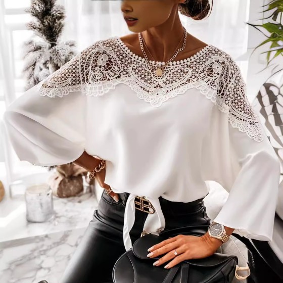 Spring Solid Color Crew Neck Long Sleeve Lace Trim Commute Blouse