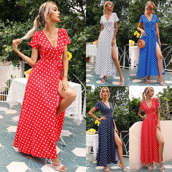 Summer Polka Dot V-Neck Waist Tie Short Sleeve Flared Split Midi Dress