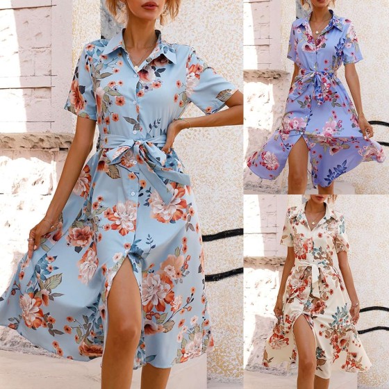 Summer Waist Tie Button Down Printed Polo Collar Short Sleeve Midi Dress