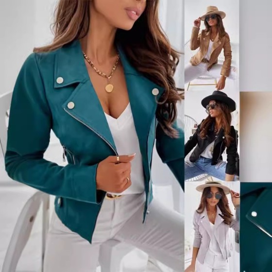 Spring Lapel Zip Up Slim Fit Suede Short Jacket