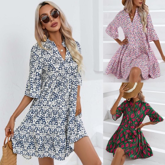 Summer Boho V-Neck 1/2 Sleeve Loose Low Waist Large Hem Print Mini Dress