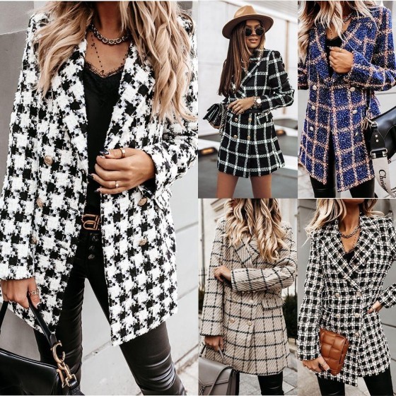 Hot Autumn Winter Woolen Print Lapel Mid-Length Slim Coat