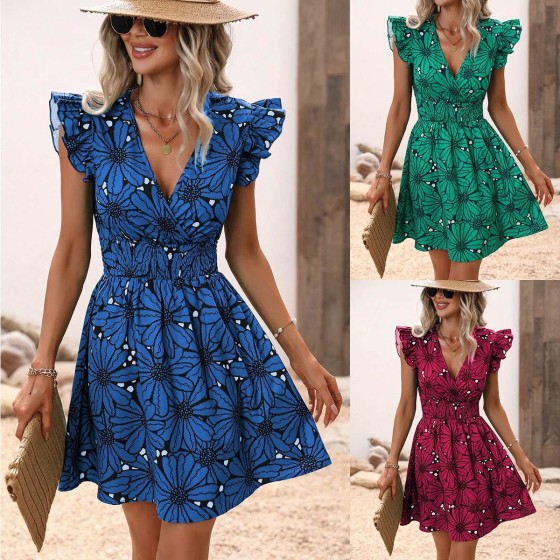 Summer V-Neck Waist Tie Big Floral Print Ruffle Sleeveless A-Line Mini Dress