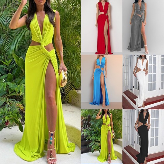 Sexy V-Neck Solid Color Twist Hollow Split Irregular Dress