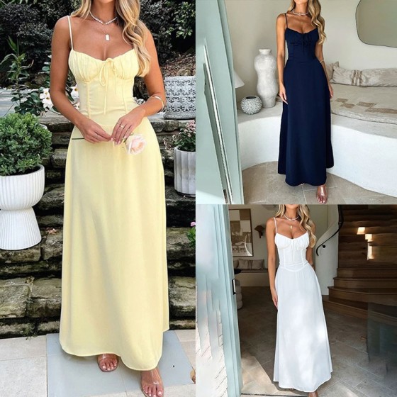 Elegant Tie Waist A-Line Solid Color Midi Dress