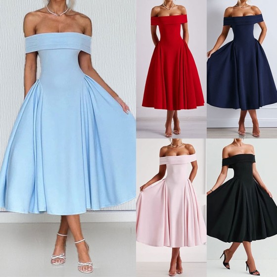 Elegant Off Shoulder Strapless Evening Dress Solid Color High Waist A-Line Dress