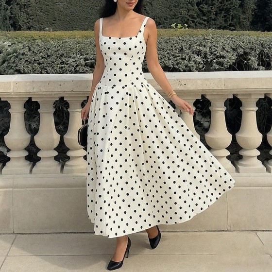French Elegant Polka Dot Slip Dress High Waist Slim Maxi Dress