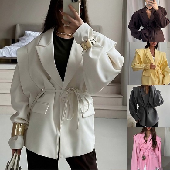 Elegant Tie Waist V-Neck Blazer Slim Fit Commute Jacket