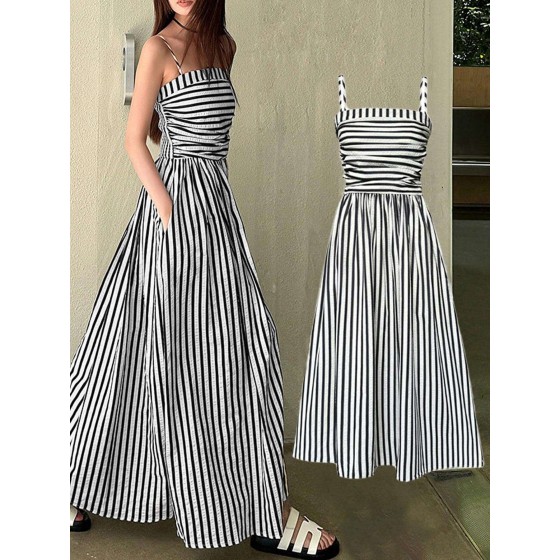 Minimalist Striped Square Neck Maxi Dress