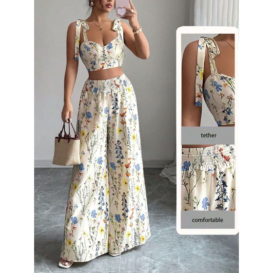 Floral Print Tie Strap Wide Leg Pants Two Piece Set